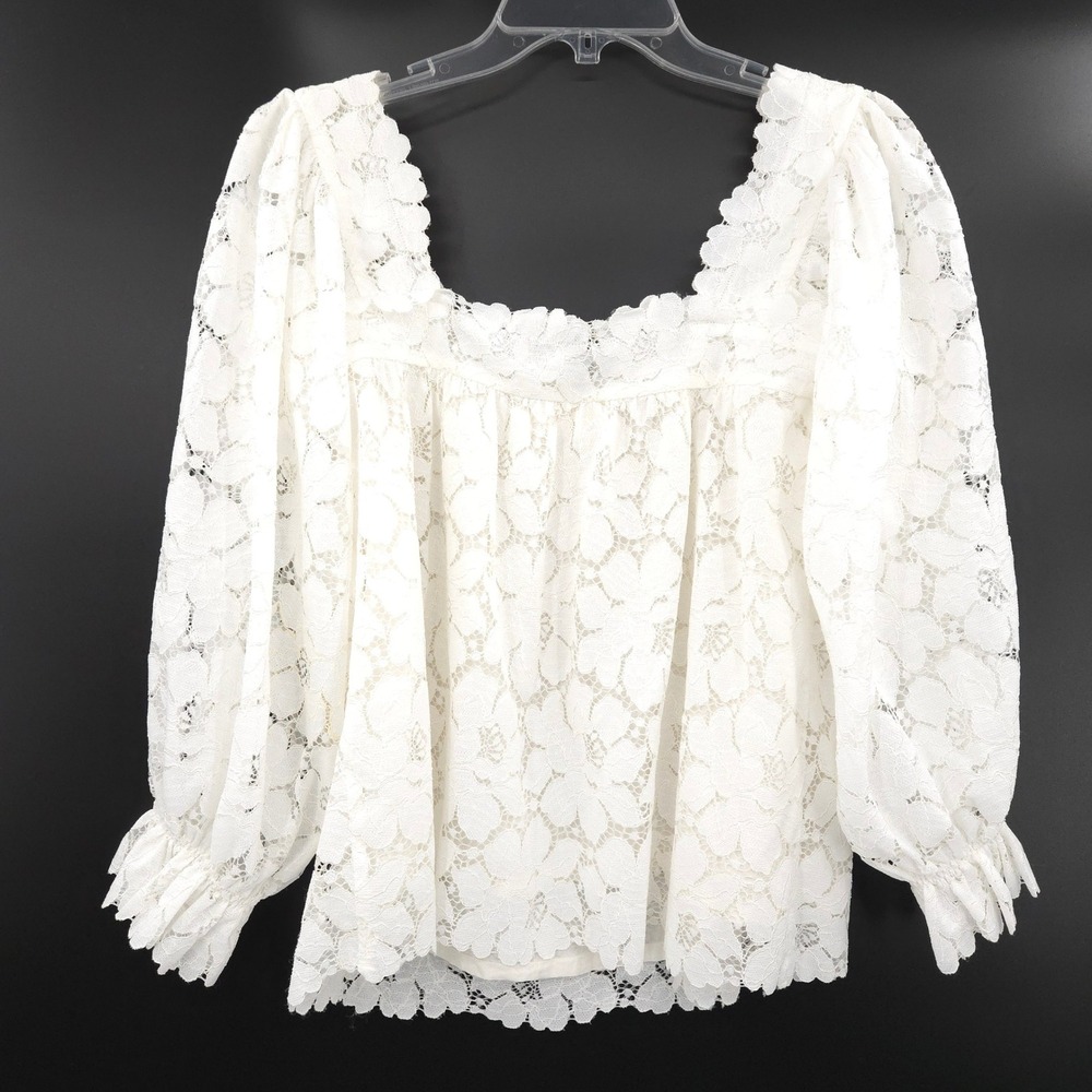 Loeffler‎ Randall Lace Blouse Women S White Puff Sleeve Cottagecore Romantic - Picture 8 of 8